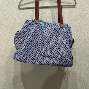 Blue and white weekender bag